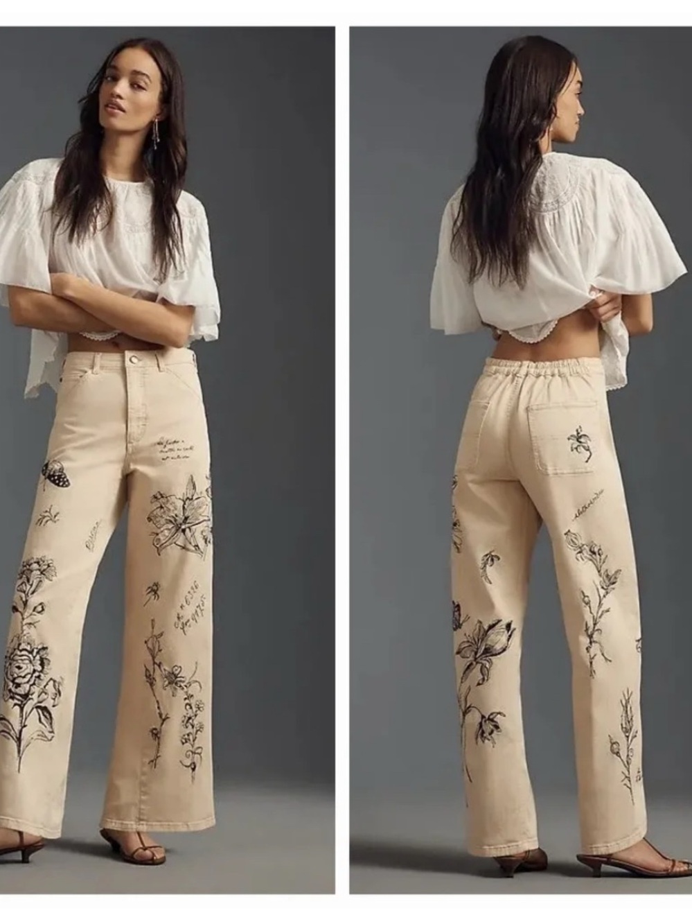 Pilcro Cream Wide-Leg Embroidered Pants Black Botanical Butterfly NWOT